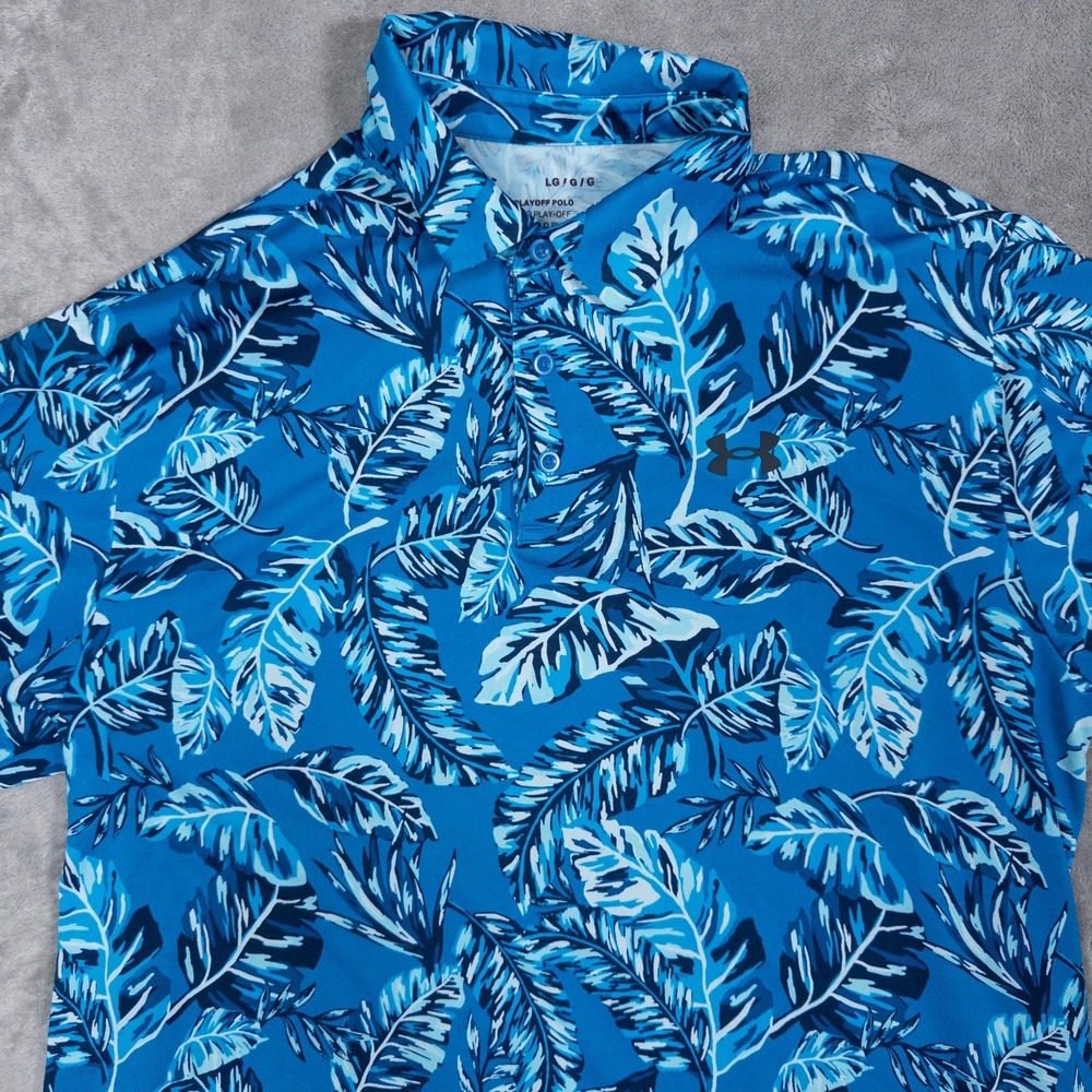 Under Armor Shirt Mens Large Blue Leaf Print The Playoff Polo Hawaiian AOP